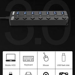 Powered USB Hub 3.0, 7-Port USB Data Hub Splitter with One Smart Charging Port and Individual On/Off Switches and 5V/1A Power Adapter USB Extensionfor Laptop, PC, Computer, Mobile HDD image 5