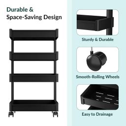 Kuber Industries 4-Layer Plastic Stackable Rack for Storage Multipurpose with Wheels | Moveable Basket & Book Shelf for Kids Room | Portable Side Rack for Living Room, Study Room & Office | Black image 3