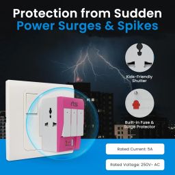 rts 3 Way 3 Pin Universal Multiplug Travel Adaptor with Type C PD & USB Ports Individual Switch LED Indicator Compatible with Home/Office/Industrial Use/Laptop/Desktop/Mobile/Printer Pink image 4