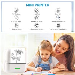 PRINHSJI Mini Printer, Thermal Sticker Printer with 11 Rolls Thermal Paper and Stickers for iOS and Android, Portable Bluetooth Pocket Printer for Learning Notes, Pictures, DIY, Labels image 1