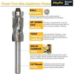 Akylin Solid Carbide Inserted Flush Trim Router Bits 1/4“ Shank,1" Cutting Length Compression Flush Trim Bit,Up&Down Cut for Wood Flush Trimming,Top Bearing (1/4“ SD,1/2" CD ,1" CL) image 2