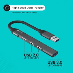 Portronics Mport 31 USB Hub (4-in-1), Multiport Adapter with 1 x USB 3.0 & 3 x USB 2.0 Ports, up to 5 Gbps High Speed Data Transfer for Laptop/PC (Grey) image 3