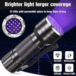NEXT GEEK 395-400nm 21 LED UV Light Torch Flashlight Waterproof with 3xAAA Battery (Metal) image 1