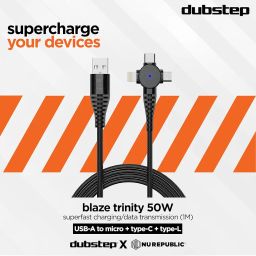 Blaze Trinity 50W 3 in 1 USB Type C Cable 1 m USB-A to Type-C + MicroUSB + Type-L Fast Charge Cable (Compatible with Mobile, Tablet, Laptop, Black, One Cable) image 1