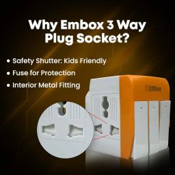 EMBOX 3 Pin Multi Plug Adapter with Individual Switch 3 Pin Plug Socket Safety Shutter Spike Buster Fuse Protected Adapter 3 Way Plug Extension for Home Office Travel-5A-250V, Pack of 1 Orange image 5