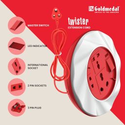 Goldmedal Twister 16A 3-Pin Cable Extension Cord (White and Red) Pack of 1, 3.5-Meter Cable, Master Switch with Indicator, 6/16A Universal Socket, International Socket & 2 Pin Socket,250Volts image 3