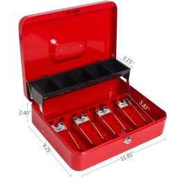 Decaller Large Cantilever Money Box, Cash Box with Key Lock - 5 Compartments & 4 Spring-Loaded Clips for Bills, 11 4/5" x 9 2/5" x 3 1/2" Red image 2