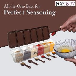 NXTBUY Multipurpose 6-in-1 Masala Box for Kitchen| Airtight BPA-Free Plastic 6 Section Storage Container with 6 Spoons, 1800 ml Transparent Pickle Box for Spices| Dry Fruits, Snacks Pack Of 1 (Brown) image 3