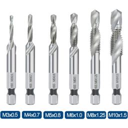 Cute Critters 6pcs/Set Quick-Change Combined Hand Tap Drill Hex Shank HSS Screw Spiral Point Thread Metric Plug Drill Bits M3 M4 M5 M6 M8 M10 Hand Tools, High Speed Steel image 5