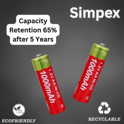 Simpex Quick Rechargeable 1000mAh AA Ni-CD Batteries Low Self Discharge Rechargeable Battery Upto 1000 Times for Toys Torch Clock Smart Lock Flash Gun (Pack of 4) image 2
