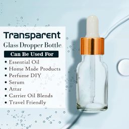 15 ml Clear/Transparent Round Empty Glass Bottle/Glass Dropper/Golden Ring/Silicon White Teat, Refillable, For Essential Oils, Perfumes (Pack Of 3) image 5