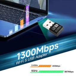 AC1300 5G Smart Plus High Gain USB 3.0 Wi-Fi Dongle, Wireless Dual Band MU-MIMO WiFi Adapter with High Gain Antenna, Supports Windows 11/10/8.1/8/7/XP/Mac OS (Black) image 2