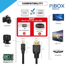PiBOX India, Micro HDMI Cable to HDMI Cable, 4K 60Hz, 1.5 Meter 5 feet, Adapter Ethernet Audio Return for Raspberry Pi 4 pi 5 RPI, GoPro Hero 7, Sony Camera (NOT Mini DP/NOT Micro USB) image 1