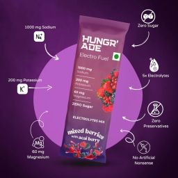 Hungr'Ade Electrolyte Mix | Zero Sugar | No Artificial Ingredients | No Preservatives | Instant Hydration, Energy, Recovery & Performance | Mixed Berries | 38.5g Sachets | Pack of 7 (1 count (Pack of 7 Sachets), Mixed Berries with Acai Berry) image 1