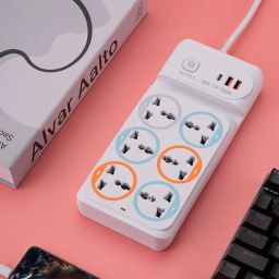 Power Strips with 6 Universal Socket and 2USB-A & 1Type-C, 2-Meter Cord 6 Plug Extension Boards (White, 2 m, with USB Port) (6 Universal Socket and 2USB-A & 1Type-C) image 4