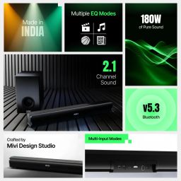 Mivi Fort Hip-Hop 1000 Home Theatre Soundbar [Flagship Launch], 180 Watts, 2.1 Channel, 2 in-Build Speakers and 1 External Subwoofer, Multiple EQ & Input Modes, BT v5.3, Made in India Sound bar image 4