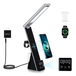 DR Mall Wireless Charger 3 in 1 Fast Charging Station with Led with Touch Control Desk Lamp with Clock,Alarm 3 Lighting Modes Stepless Brightness Home Office Eye-Caring Table Lamp Black,Smartphone image 4