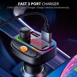 CS30 Car Bluetooth Device [Upgraded BT v5.3] with Call Receiver, FM Transmitter for Music System & Dual USB + Type C Charger; 7 Colour LED Lights; 6 EQ Presets; USB MP3 Support; Voice Assistant image 3