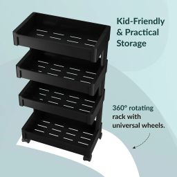 Kuber Industries 4-Layer Plastic Stackable Rack for Storage Multipurpose with Wheels | Moveable Basket & Book Shelf for Kids Room | Portable Side Rack for Living Room, Study Room & Office | Black image 5