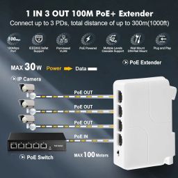 XIKKART 4 Port PoE Extender with 1 in 3 Out, Repeater Support IEEE802.3af/at, 100Mbps Ethernet Powered Passthrough Switch, Extend 100m(328ft), Wall and Din-Rail Mount (White) image 1