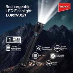 Impex Torch Light | Rechargeable LED Flashlight with 4000 mAh Lithium Battery | Sharp and Long Beam Range | 2000 M Long Range Machined Aircraft Aluminum Body | 1 Year Warranty | Lumin X21 image 1