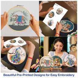 picknMAKE Combo of 3 Full DIY Hand Embroidery Kits for Beginners | Cross Stitch Kit for Adults & Kids | Pre-Printed Fabric Panels with Threads, Needles, Hoop, Sequins & Instruction Guide image 2