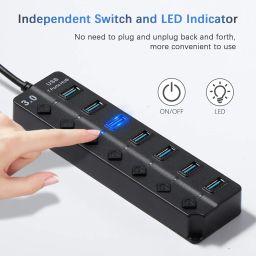 Hoppac Hub, 7 in 1 Thief with 1 USB 3.0 and 6 USB 2.0, Multiple USB Port Adapter for PC with Independent Switch and LED Indicator, Line Length 1 m image 1
