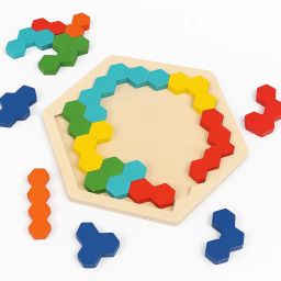 FEXME 40‑Piece Wooden Intelligence Puzzle – Colorful Tetris‑Style Blocks on a Smooth Wooden Board (Hexagon) image 1