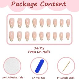 24 Reusable Artificial Fake Nail Set| Peach Color With Golden Zari And White Heart Design Almond Glossy Nails| Lightweight & Long Lasting| Quick Fix For Festivals & Special Occasions image 4