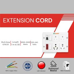 Bitcorp Power Extension Board with MCB 4 Socket 2 Switch, 6A 16A 2500W Surge Protector 8 Meter Electric Cord for Appliances, Fridge, Home, Office, Computer, AC (White) 220 Volts image 1