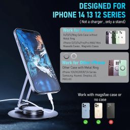 Magnetic Desk Phone Stand for iPhone 14 13 12 Series, Aluminum Phone Holder with 360°Rotation Base Adjustable Foldable Mobile Stand Compatible with iPhone 14 13 12 Pro Max Mini, Mag Safe Case image 1