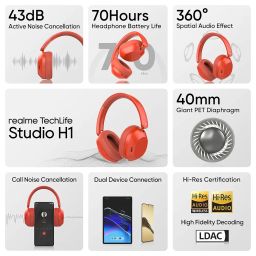 realme TechLife Studio H1 Over The Ear Headphone with 70Hours Playtime 360° Spatial Audio, 40mm Drivers, 80ms Superlow Latency, 43 dB Adaptive ANC-Red image 1