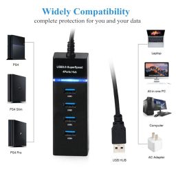 ZAUKY USB 3.0 Hub, 4-Port USB Expander with LED Indicators, SuperSpeed Data Hub, Compatible with PC/Laptop/PS4/Mobile Devices, Black image 2