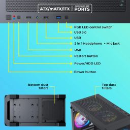 ZEBRONICS Aurora Mid-Tower Premium Gaming Cabinet, ATX, 4 x ARGB Fan, LED Control Switch, Tempered Glass Panel, USB 3.0, 360mm Front or 240mm Top AIO Cooler Support with Top & Bottom Dust Filter image 5