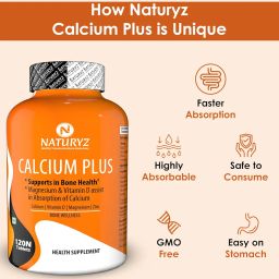 Naturyz Calcium Plus with Calcium Citrate, Vitamin D, Magnesium and Zinc Ideal Supplement for Bone Health & Joint Support of Men & Women - 120 Tablets image 4