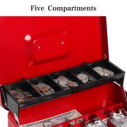 Decaller Large Cantilever Money Box, Cash Box with Key Lock - 5 Compartments & 4 Spring-Loaded Clips for Bills, 11 4/5" x 9 2/5" x 3 1/2" Red image 3