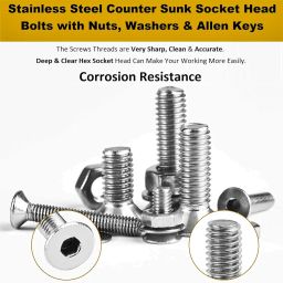 Epi-torque Stainless Steel 202 Grade Flat Socket Head Cap Screw Internal Hex M3 M4 M5 M6 Counter Sunk Full Thread Assortment With Matching Hex Nuts, Flat Washer & Allen Keys Pack Of 512 Pcs image 1