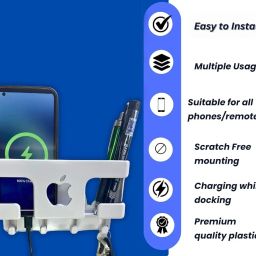 dsns Mobile Wall Stand for Charging | Multipurpose Wall Stand with Key Chain & Remote Holder | Pack of 1 Plastic Key Holder (White) image 2