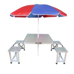 P YU Outdoor Aluminum Portable Folding Camp Suitcase Picnic Table with 4 Seats with Umbrella Portable Aluminium Folding Picnic Table with Chair Set and Umbrella, Multicolour image 3