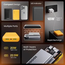 Ambrane 20000 mAh Mini Power Bank with 22.5W Fast Charging, Pocket Size, Triple Output, Type C PD (Input & Output), Li-Polymer, Made in India + Type C Cable (Powerlit XL Lite, Yellow) image 1