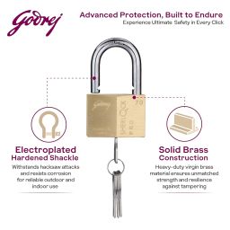Godrej Locks | Sherlock Pro (70mm) Padlock | with 4 Keys | Premium Solid Brass Lock | Self-Locking Shackle | Double Locking | Rust-Resistant | Suitable for Doors, Outdoor Usage | 5 Years Warranty image 2
