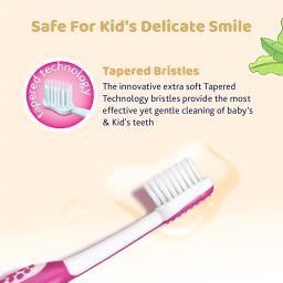 Chicco Toothbrush for Kids (3y-8y) with Suction Cup, Set of 2 | Extra Soft Tapered Bristles for Milk and Permanent Teeth | With Tongue Scraper and BPA Free Material (Pink, Green) image 2