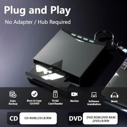 MICROWARE 7 in1 External CD DVD Drive with 4 USB Ports and TF/SD Card Slots,USB 3.0 Portable CD/DVD Disk Drive Player Burner Reader Writer for Laptop MacBook Desktop PC Windows 11/10/8/7 Linux Mac OS image 2