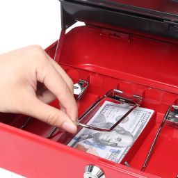 Decaller Large Cantilever Money Box, Cash Box with Key Lock - 5 Compartments & 4 Spring-Loaded Clips for Bills, 11 4/5" x 9 2/5" x 3 1/2" Red image 5