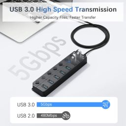 Hoppac Hub, 7 in 1 Thief with 1 USB 3.0 and 6 USB 2.0, Multiple USB Port Adapter for PC with Independent Switch and LED Indicator, Line Length 1 m image 3
