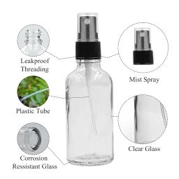 Happy Packaging 50ML Clear Round Empty Glass Botlle With Black Mist Spray and Over Cap| Refillable | Leak Proof For Essential Oils | Reusalble | DIY Perfumes | DIY serums Pack of 3 image 1