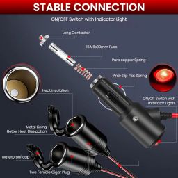 STHIRA® 2 in 1 Car Cigarette Lighter Splitter 9.8Ft Dual Port Cigarette Lighter Socket with Switch & LED Indicator Car Charger Extension Cable DC 12V/24V Adapter for Phone Charging, GPS image 2