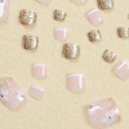 Gloss & Go 24 Reusable Artificial Fake Nail Set| Light Peach Color With Golden Glitter And Flower Design Glossy Foot Nails| Lightweight & Long Lasting| Quick Fix For Festivals & Special Occasions image 1
