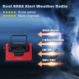 Solar Hand Crank Emergency AM/FM/SW/NOAA Radio, Real NOAA Alert Weather Radio with SOS Alarm, TF Card Speaker, LED Flashlight & Reading Lamp, Phone Charger for Camping, Emergency (Red in) image 5