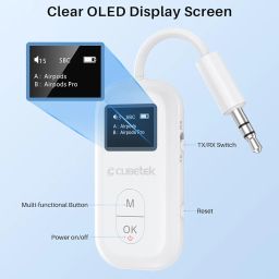 Cubetek SafeFly Pro Bluetooth V5.3 Transmitter Receiver with LCD Screen for 2 Bluetooth Headphones, AptX LL/HD/AD, Use with Any 3.5MM Jack on Airplane, TV & Home Audio System image 2